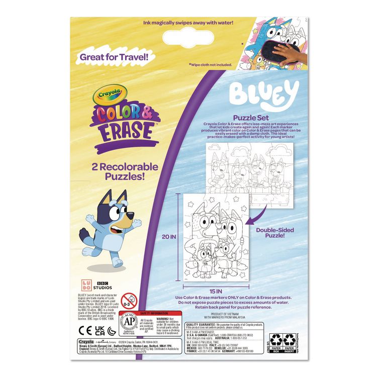 BINNEY & SMITH / CRAYOLA Bluey Color and Erase Reusable Puzzle Set with (12) Two-Sided Puzzle Pieces and (4) Markers, Ages 3 and Up, 16 Pieces (CYO811552)
