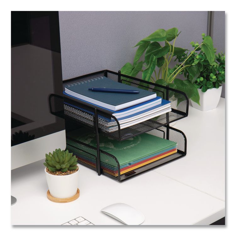 EMS MIND READER LLC Metal Mesh Stackable Letter Tray, 2-Tier, Letter Size, 10.5 x 13.25 x 7.5, Black (EMSCSTACK2BLK)