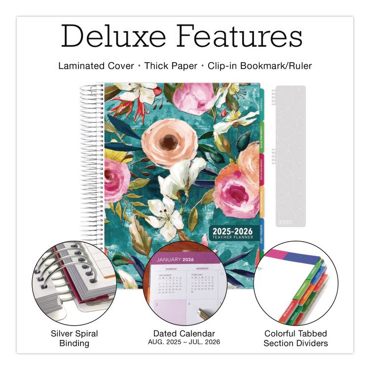 EXCELLO GLOBAL PRODUCTS Deluxe Teal Floral Weekly/Monthly Lesson Planner, 7 Classes, Multicolor Cover, 11 x 8.5, 13-Month: Aug 2025 to Aug 2026 (GPUNAD26DTP17)