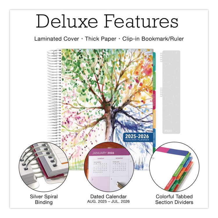 EXCELLO GLOBAL PRODUCTS Deluxe Seasons Tree Weekly/Monthly Lesson Planner, 7 Classes, Multicolor Cover, 11 x 8.5, 13-Month: Aug 2025 to Aug 2026 (GPUNAD26DTP20)