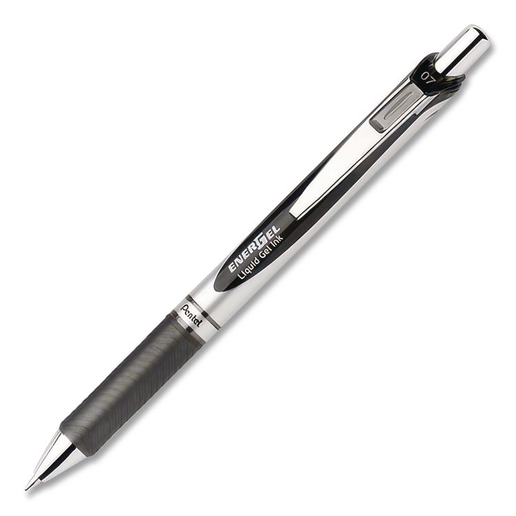 PENTEL OF AMERICA EnerGel RTX Deluxe Gel Pen, Retractable, Medium 0.7 mm, Black Ink, Silver/Black Barrel, Dozen (PENBL77ADZ)