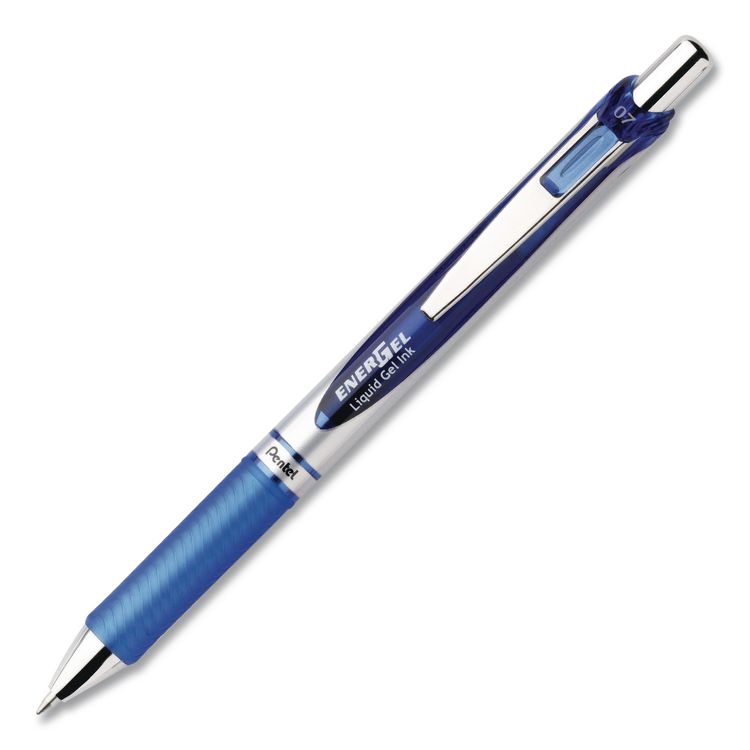PENTEL OF AMERICA EnerGel RTX Deluxe Gel Pen, Retractable, Medium 0.7 mm, Blue Ink, Silver/Blue Barrel, Dozen (PENBL77CDZ)