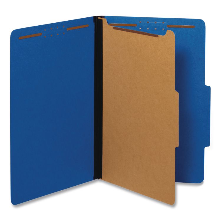 TOPS BUSINESS FORMS Heavy-Duty Pressboard Classification Folder, 2/5-Cut Tab, Expands 1.75", 1 Divider, 4 Fasteners, Legal Size, Dark Blue, 10/BX (PFX28732P)