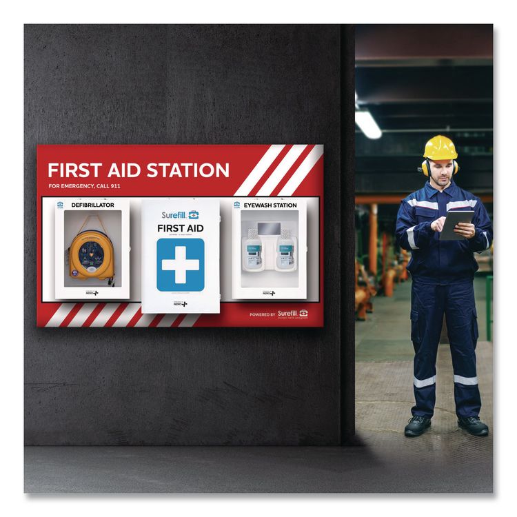 AERO HEALTHCARE First Aid Station - First Aid, Eyewash, AED 350P, 4 Pieces, Metal Case (AOHSFFASP1)