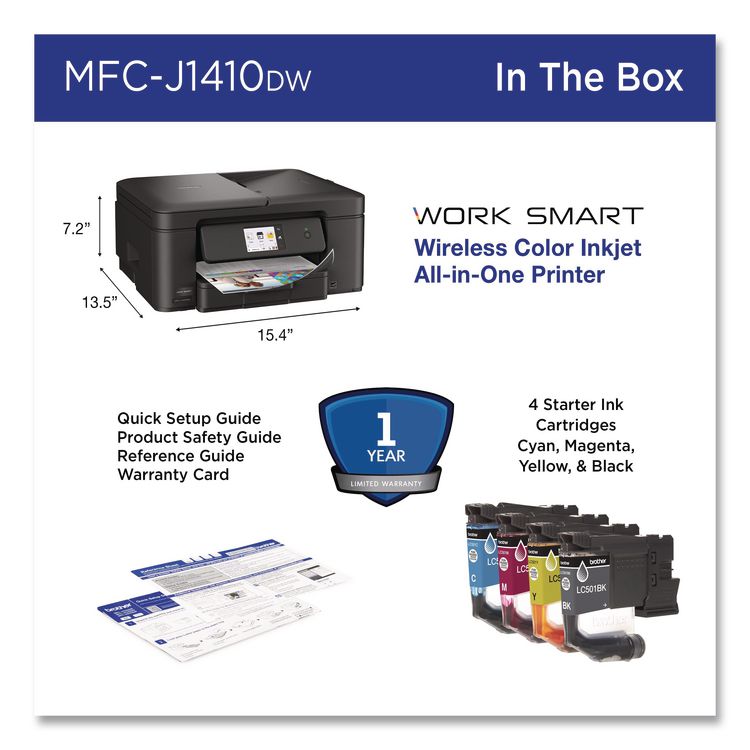 BROTHER INTL. CORP. MFCJ1410DW Work Smart 1410 Wireless Color Inkjet AIO Printer, Copy/Print/Scan (BRTMFCJ1410DW)