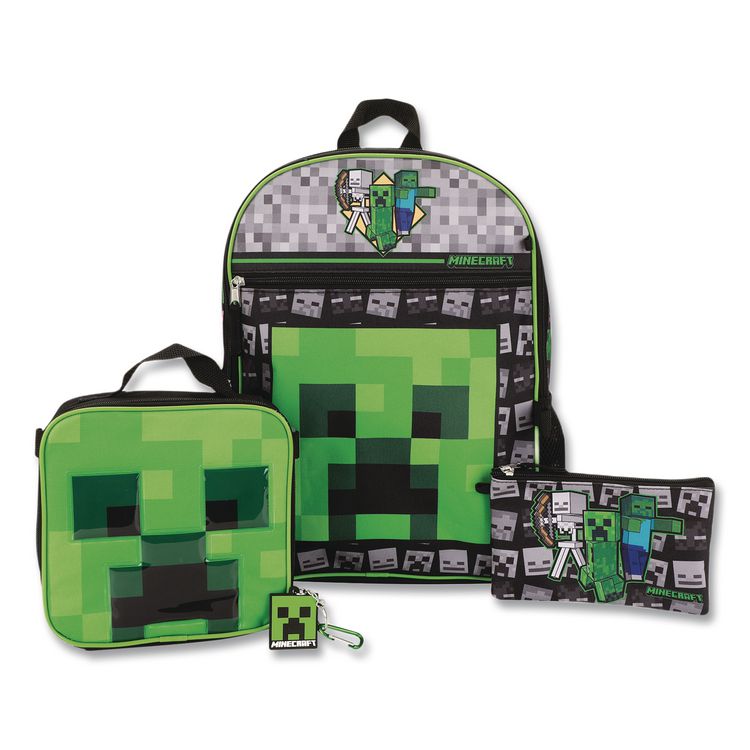 BIOWORLD MERCHANDISING Minecraft 5-Piece Backpack Set, Green/Gray/Black (BWRB1Y7UR9MNCSB)