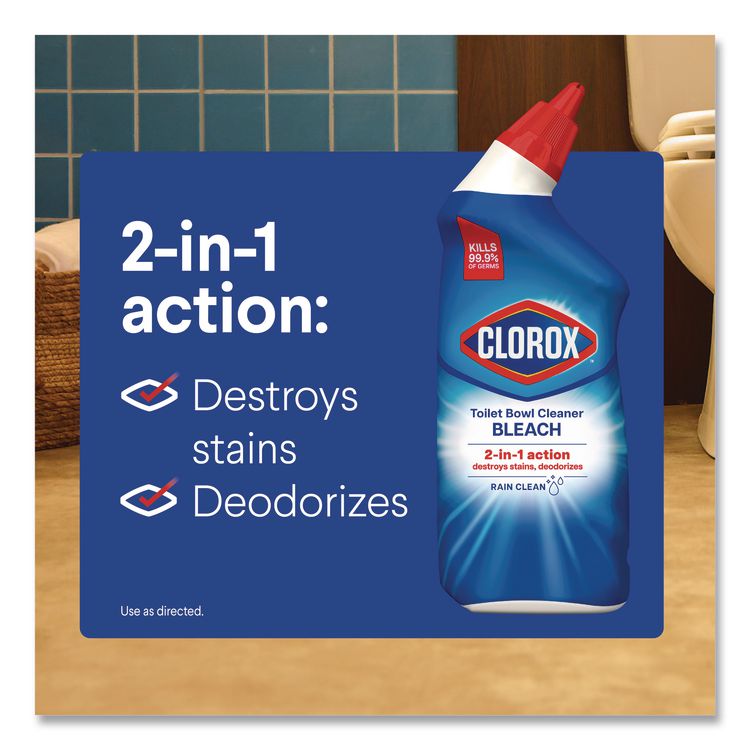 CLOROX SALES CO. Disinfecting Toilet Bowl Cleaner with Bleach, Rain Clean Scent, 24 oz Bottle, 2/Pack, 6 Packs/Carton (CLO30924CT)