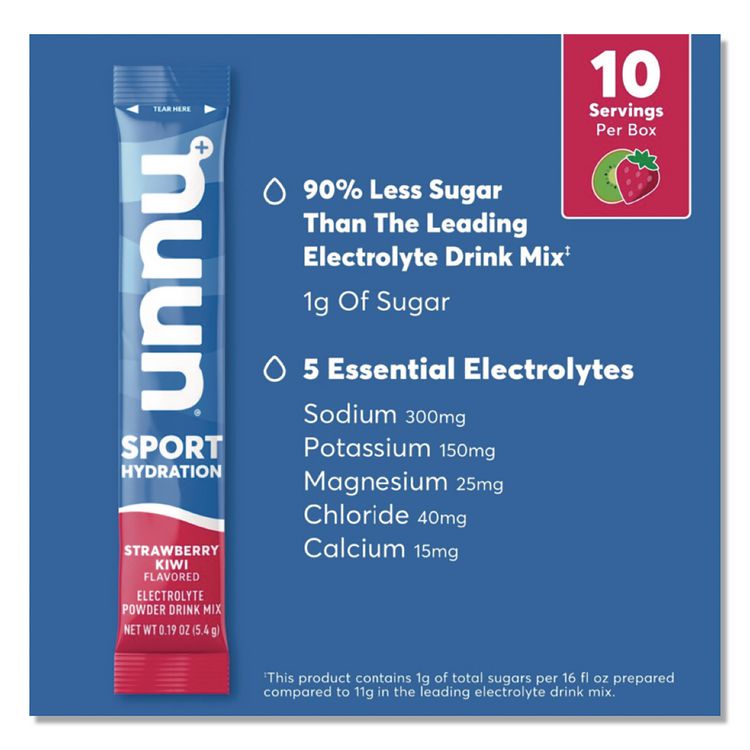 NUUN Sport Hydration Electrolyte Powder Drink Mix, Strawberry Kiwi, 0.19 oz Stick, 10/Box (NUU02394)