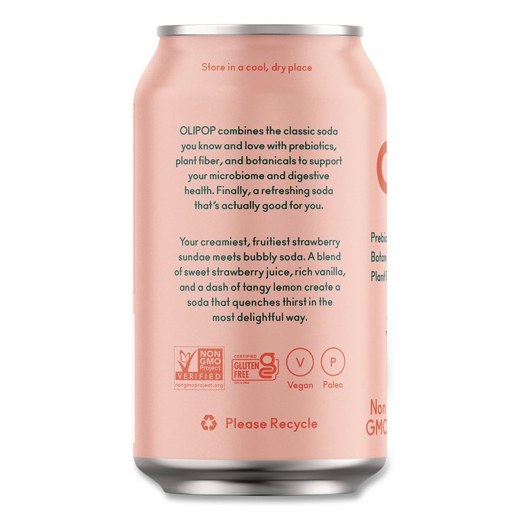 OLIPOP, Prebiotic Soda, Strawberry Vanilla, 12 oz Can, 12/Carton (OLPICO70291)