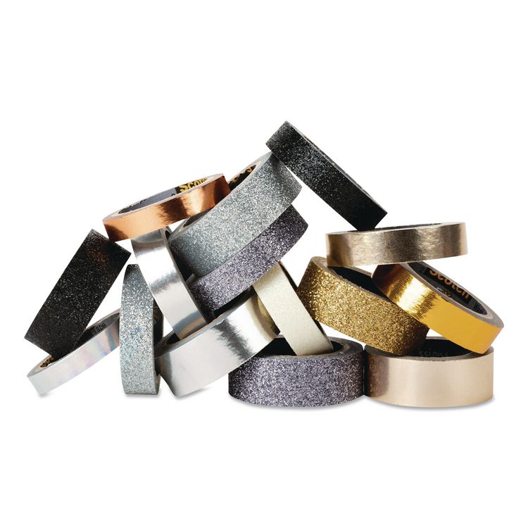 3M/COMMERCIAL TAPE DIV. Washi Glitter Metallic Tape, Black/Gold/Silver, Assorted Sizes/Colors/Finishes, 15 Rolls/Pack (MMMC101715P6)