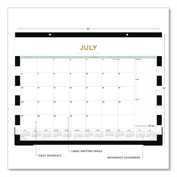 BLUE SKY Day Designer Rugby Stripe Academic Desk Pad Calendar, 22 x 17, White/Black/Gold Sheets, 12-Month: July 2025 to June 2026 (BLS138443A26)