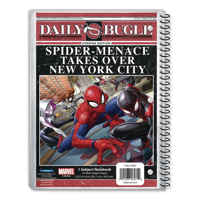 INNOVATIVE DESIGNS LLC Licensed Spiral Notebook, Marvel Spider-Man, 1-Subject, Wide/Legal Rule, Multicolor Cover, (70) 10.5 x 8 Sheets (IDI716171SPCSA)
