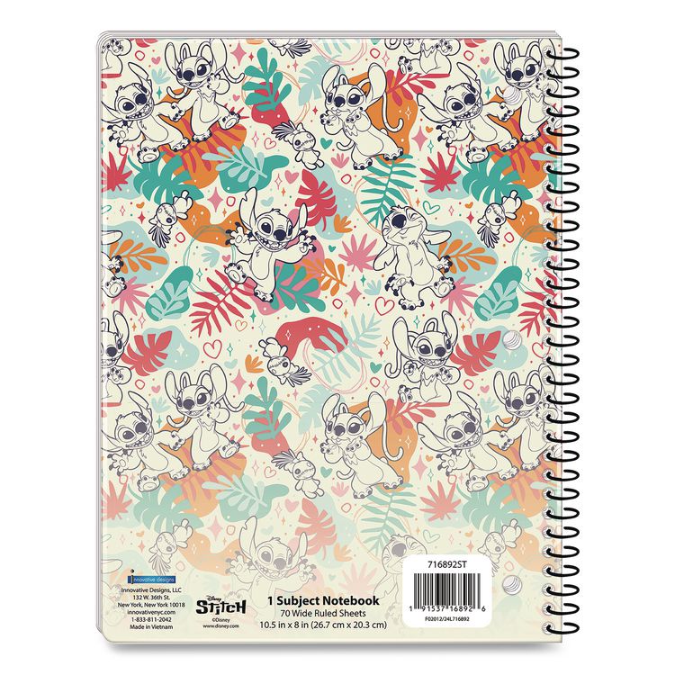 INNOVATIVE DESIGNS LLC Licensed Spiral Notebook, Disney Stitch, 1-Subject, Wide/Legal Rule, Multicolor Cover, (70) 10.5 x 8 Sheets (IDI716892STSA)