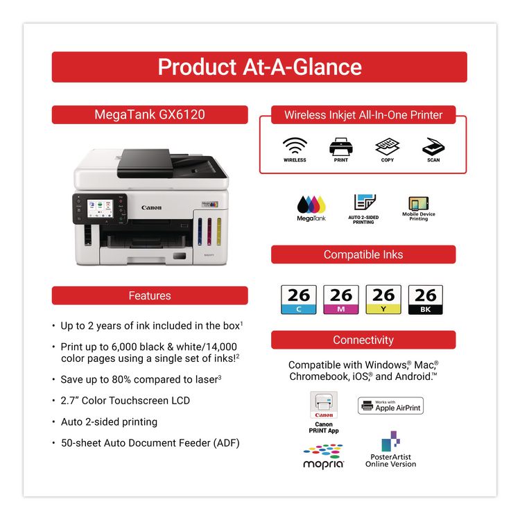 CANON COMPUTER SYSTEMS CCSI MegaTank GX6120 All-in-One Printer, Copy/Print/Scan (CNM6882C002)