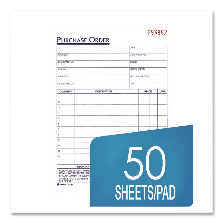 CARDINAL BRANDS . Multipart Purchase Order Pad, Three-Part Carbonless, 8.44 x 5.56, 50 Sets/Pad,10 Pads/Pack (ABFTC583110)
