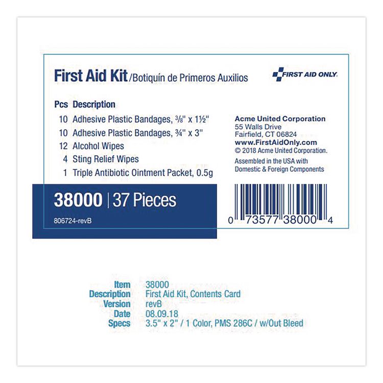 FIRST AID ONLY, . Personal First Aid Kit, 37 Pieces, Plastic Case (FAOACM38000)