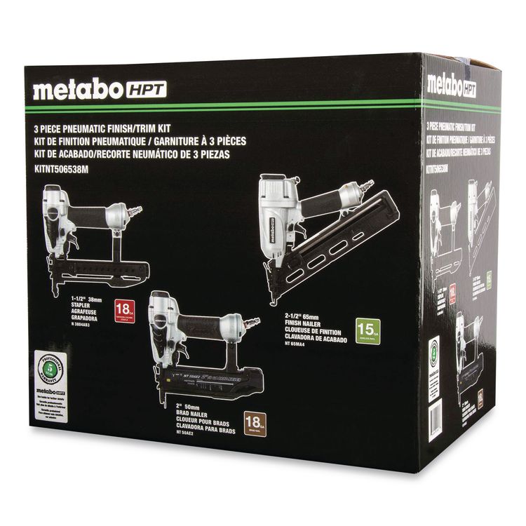 METABO POWER TOOLS HPT 18-15 GA Pneumatic Three-Tool Finish/Trim Nailers Combo Kit, One Stapler, One Brad Nailer, One Angle Finish Nailer (MHPKITNT506538M)
