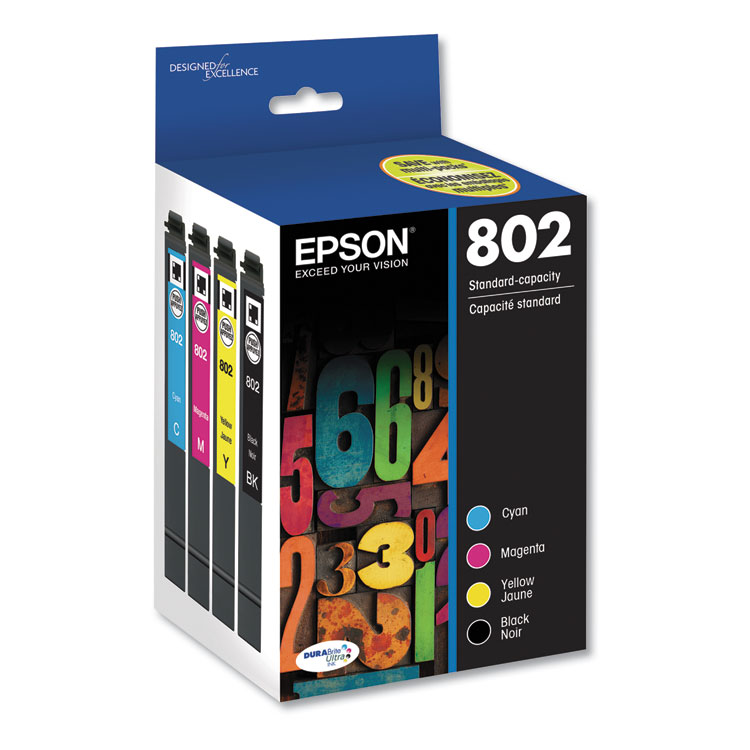 EPSON AMERICA, . T802120-BCS (802) DURABrite Ultra Ink, 650/900 Page-Yield, Black/Cyan/Magenta/Yellow (EPST802120BCS)