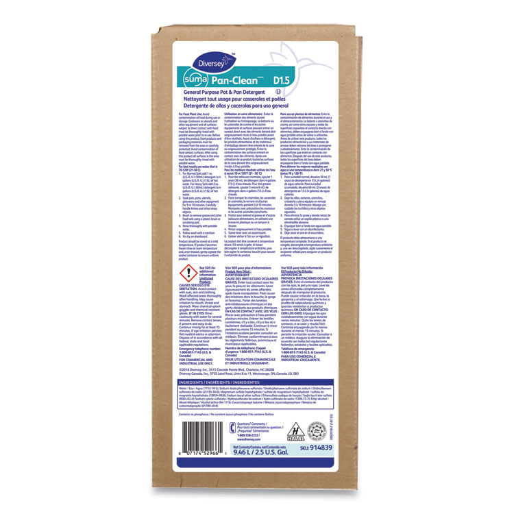 DIVERSEY Suma PAN CLEAN General Purpose Pot and Pan Detergent, Floral, 2.5 gal Bag-in-Box (DVS914839)