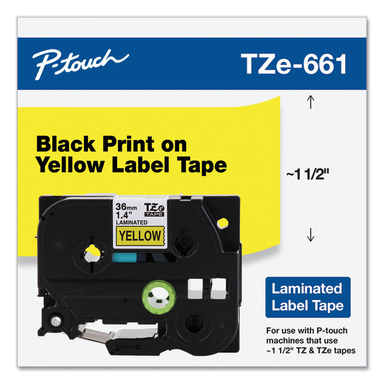 BROTHER INTL. CORP. TZe Standard Adhesive Laminated Labeling Tape, 1.4" x 26.2 ft, Black on Yellow (BRTTZE661)