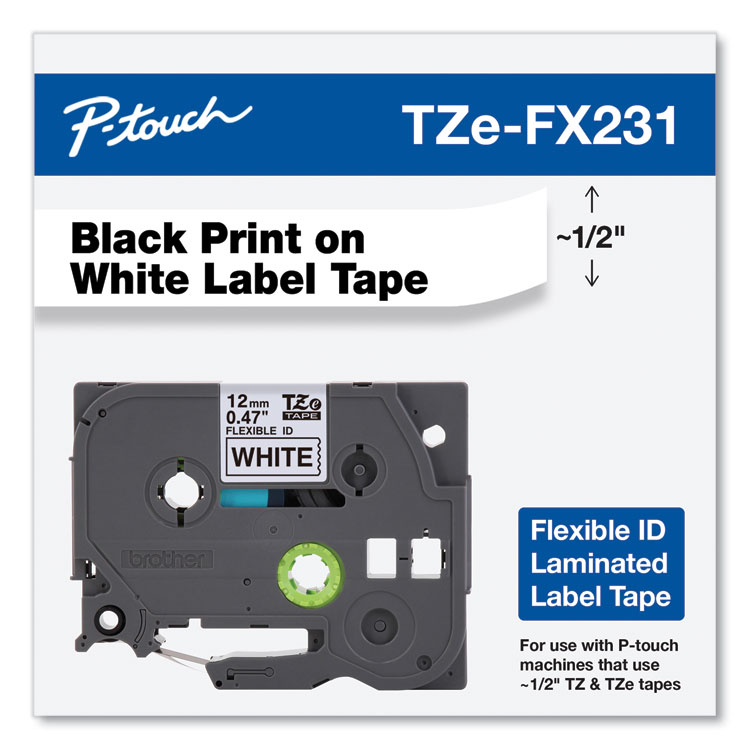 BROTHER INTL. CORP. Flexible ID Tape, 0.47" x 26.2 ft, Black on White (BRTTZEFX231)