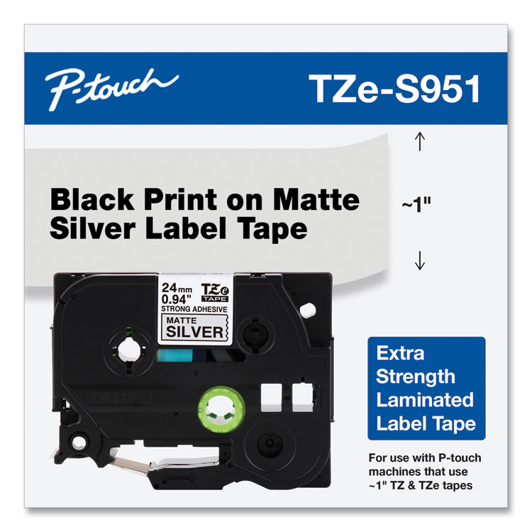 BROTHER INTL. CORP. TZ Extra-Strength Adhesive Laminated Labeling Tape, 0.94" x 26.2 ft, Black on Matte Silver (BRTTZES951)