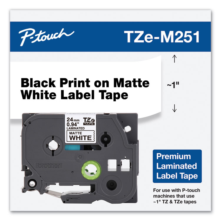 BROTHER INTL. CORP. TZe Premium Laminated Tape, 0.94" x 26.2 ft, Black on White (BRTTZEM251)