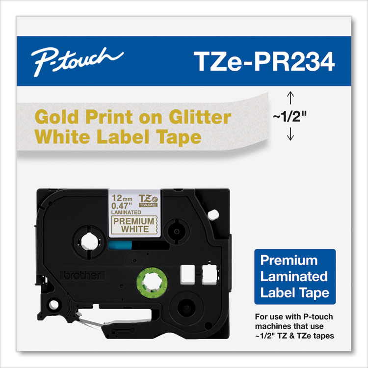BROTHER INTL. CORP. TZe Premium Laminated Tape, 0.47" x 26.2 ft, Gold on White (BRTTZEPR234)