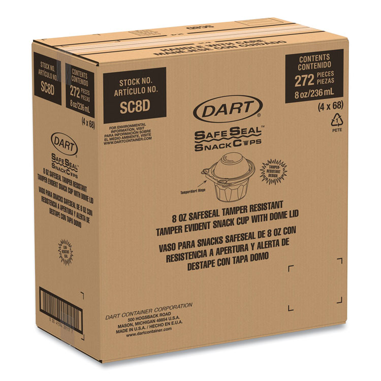 DART ClearPac SafeSeal Tamper-Resistant, Tamper-Evident Containers, Snack Cup, Domed Lid, 8 oz, Clear, Plastic, 272/Carton (DCCSC8D)
