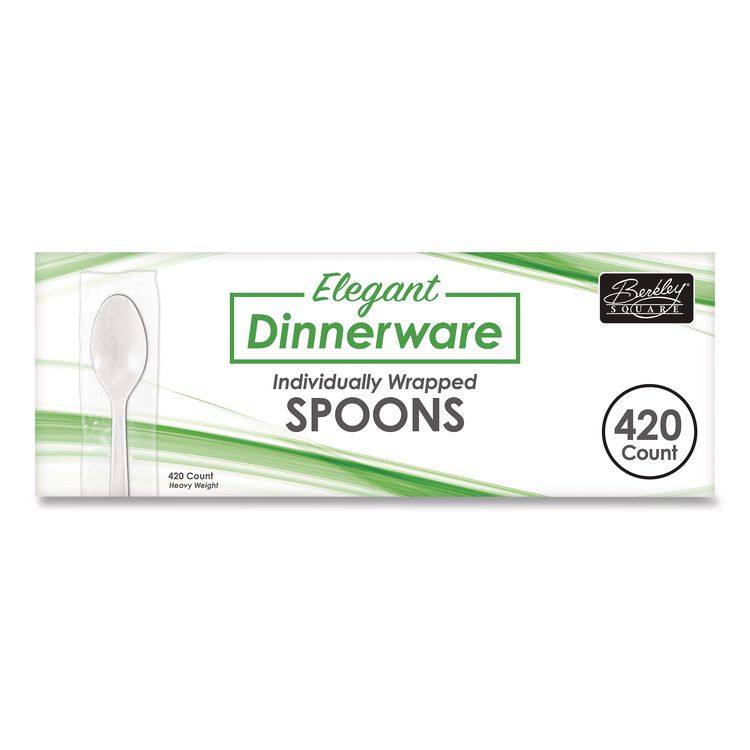 BERK ENTERPRISES Elegant Dinnerware Heavyweight Cutlery, Individually Wrapped, Spoon, Plastic, White, 420/Box (BSQ90187)