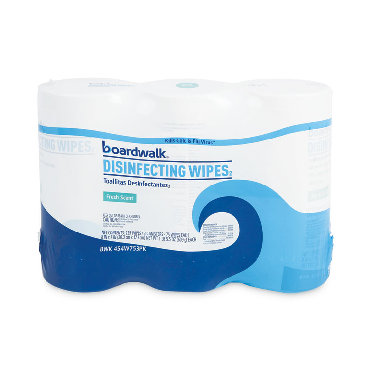 BOARDWALK Quat-Based Disinfecting Wipes, 7 x 8, Fresh Scent, 75/Canister, 12 Canisters/Carton (BWK454W753CT)