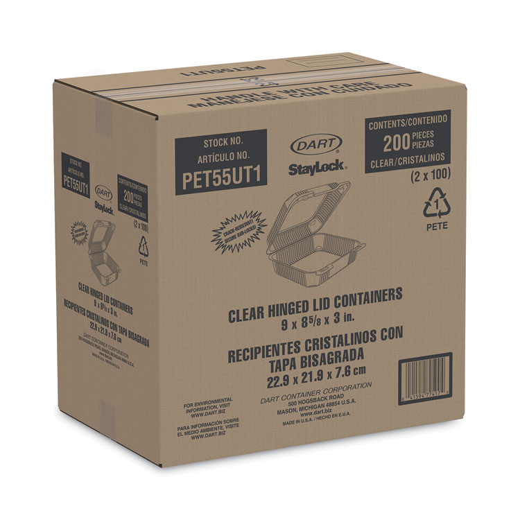 DART StayLock Clear Hinged Lid Containers, 8.6 x 9 x 3, Clear, Plastic, 200/Carton (DCCPET55UT1)