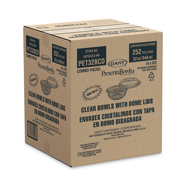DART PresentaBowls Bowl/Lid Combo-Paks, 32 oz, 7.25" Diameter x 2.88" h, Clear, Plastic, 63/Pack, 2 Pack/Carton (DCCPET32BCD)