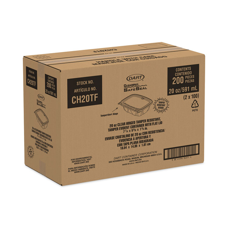 DART ClearPac SafeSeal Tamper-Resistant, Tamper-Evident Containers, Tall, Flat Lid, 20 oz, Clear, Plastic, 200/Carton (DCCCH20TF)