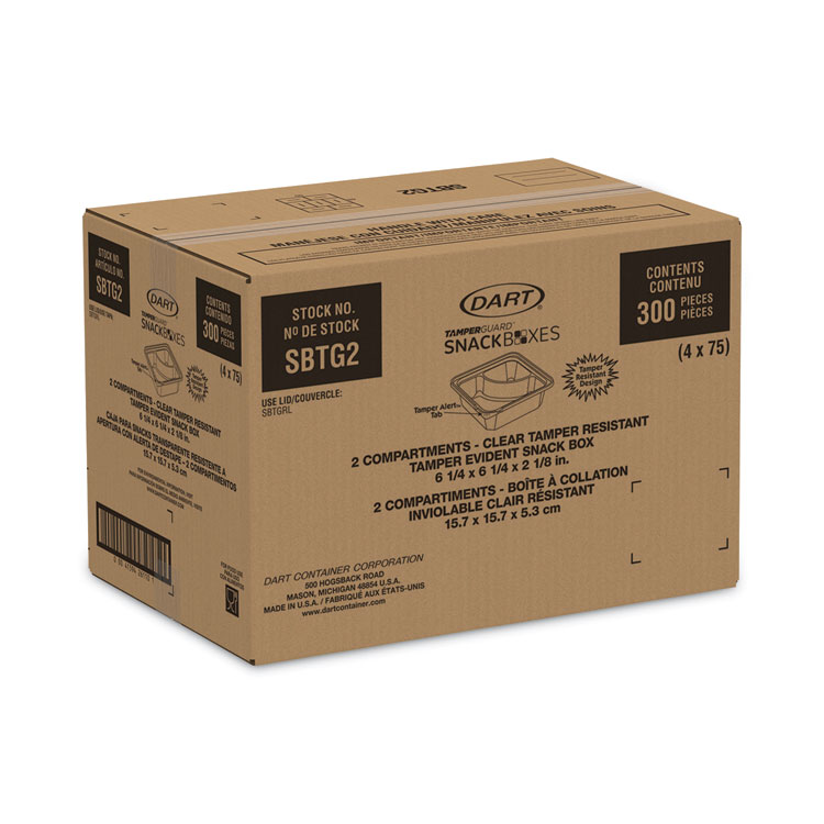 DART TamperGuard Snack Boxes, 2 Compartments, 6.3 x 6.3 x 2.1, Clear, Plastic, 300/Carton (DCCSBTG2)