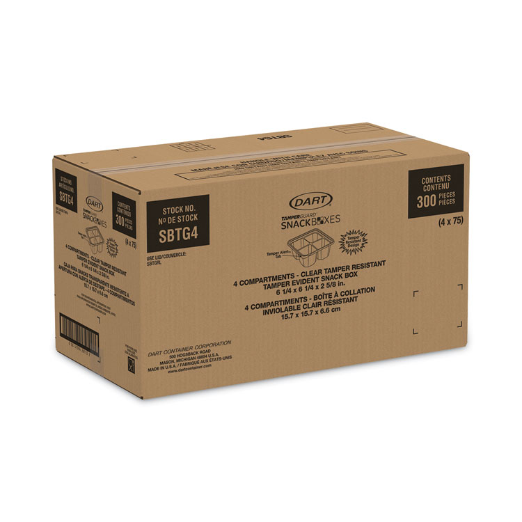 DART TamperGuard Snack Boxes, 4 Compartments, 6.3 x 6.3 x 2.6, Clear, Plastic, 300/Carton (DCCSBTG4)