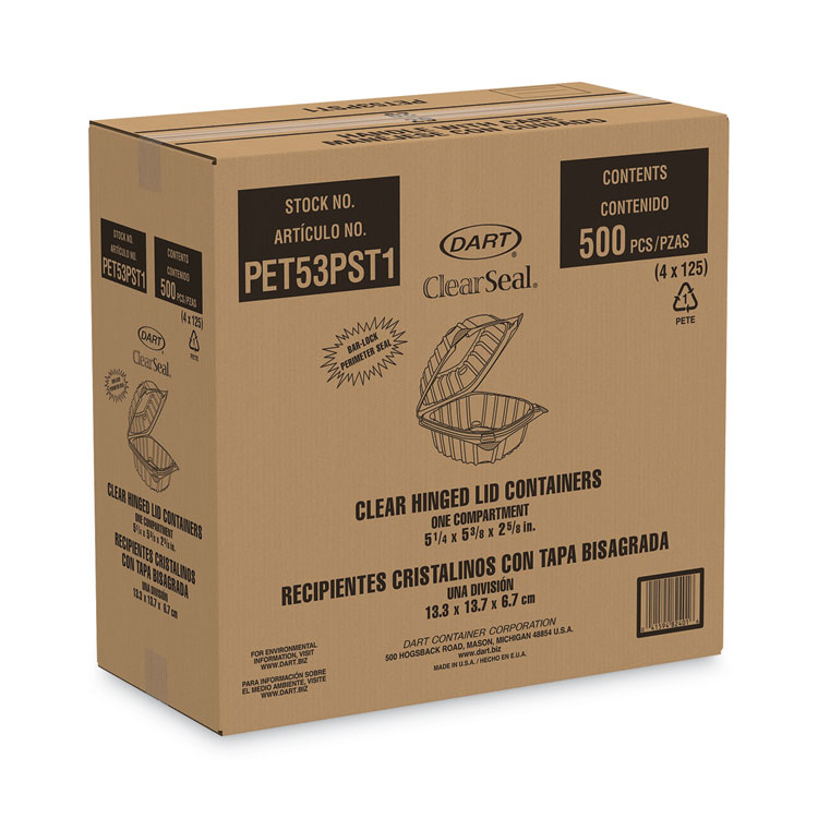 DART ClearSeal Hinged-Lid Plastic Containers, 13.8 oz, Clear, Plastic, 500/Carton (DCCPET53PST1)