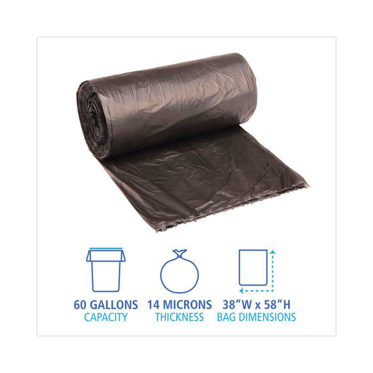 BOARDWALK High-Density Can Liners, 60 gal, 14 mic, 38" x 58", Black, Perforated Roll, 25 Bags/Roll, 8 Rolls/Carton (BWK385814K)