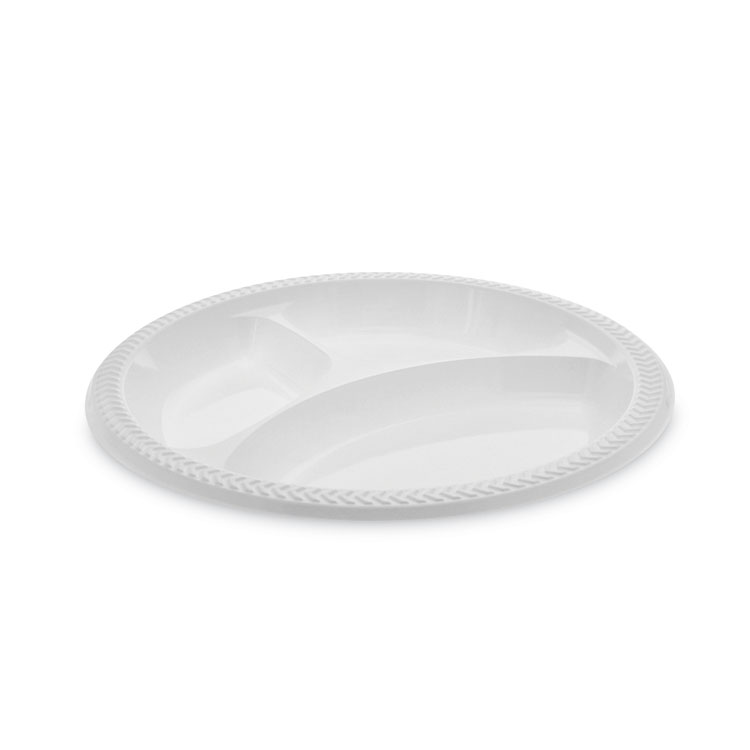 PACTIV EVERGREEN CORPORATION Meadoware Impact Plastic Dinnerware, 3-Compartment Plate, 10.25" dia, White, 500/Carton (PCTMIC10Y)