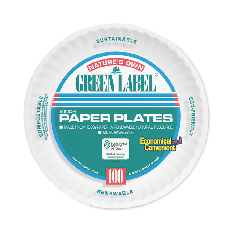 AJM PACKAGING CORP. Green Label Coated Paper Plates, 6" dia, White, 100/Pack, 12 Packs/Carton (AJMPP6GRAWH)
