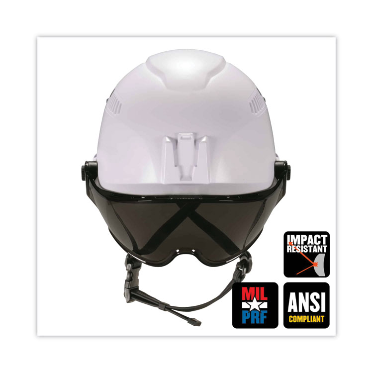 ERGODYNE CORPORATION Skullerz 8975V Class C Safety Helmet with 8991 Visor Kit, Smoke Lens, 6-Point Ratchet Suspension, White (EGO60220)