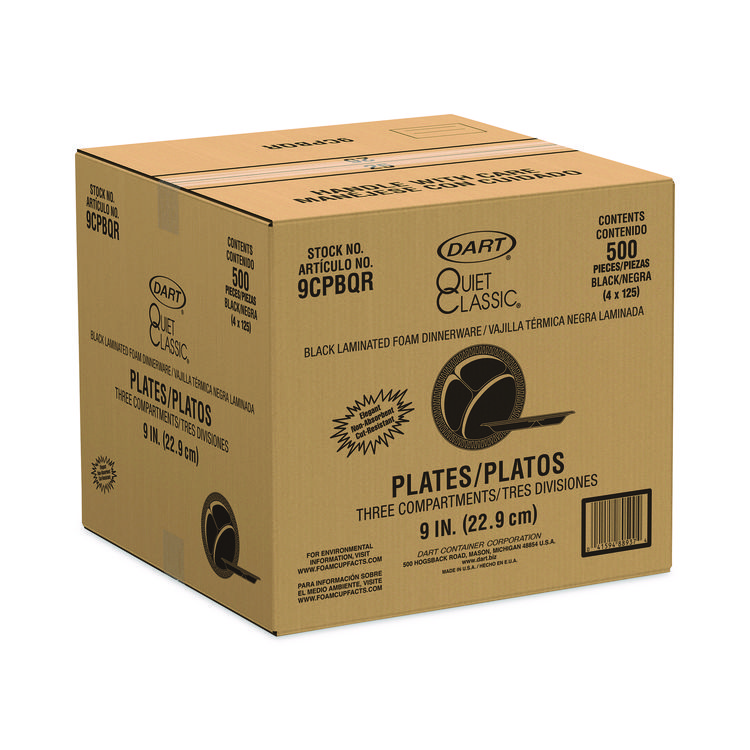 DART Quiet Classic Laminated Foam Dinnerware, 3-Compartment Plate, 9" dia, Black, 125/Sleeve, 4 Sleeves/Carton (DCC9CPBQR)
