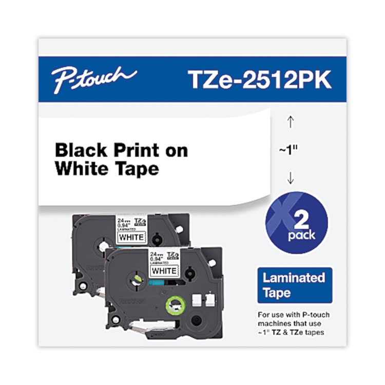 BROTHER INTL. CORP. TZe Standard Adhesive Laminated Labeling Tape, 0.94" x 26.2 ft, Black on White, 2/Pack (BRTTZE2512PK)