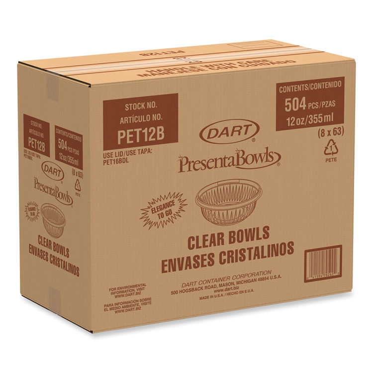 DART PresentaBowls Clear Bowls, 12 oz., Plastic, 63/Bag, 504/Carton (DCCPET12B)