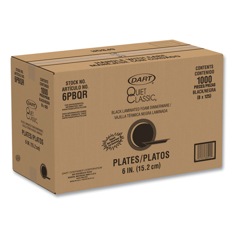 DART Quiet Classic Laminated Foam Dinnerware Plates, 6" dia, Black, 125/Pack, 8 Packs/Carton (DCC6PBQR)