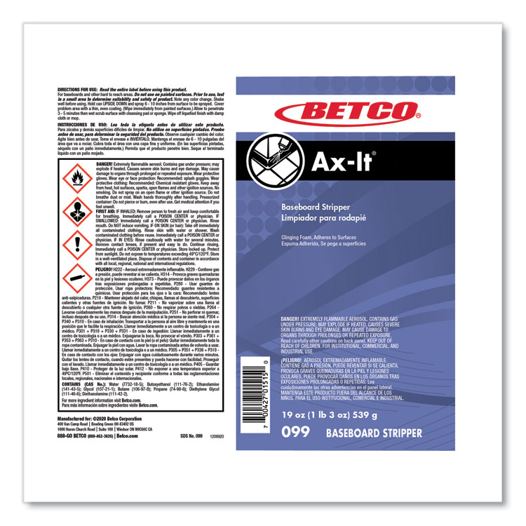 BETCO CORPORATION Ax-It Aerosol Baseboard Stripper, Sassafras Scent, 19 oz Aerosol Spray, 12/Carton (BET0992300CT)