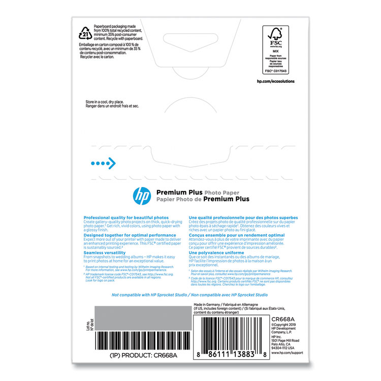 HP Premium Plus Photo Paper, 11.5 mil, 4 x 6, Glossy White, 100/Pack (HEWCR668A)