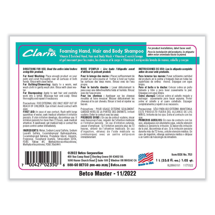 BETCO CORPORATION Foaming Hand, Hair and Body Shampoo, Fresh Scent, 1,000 mL, 6/Carton (BET7532900)