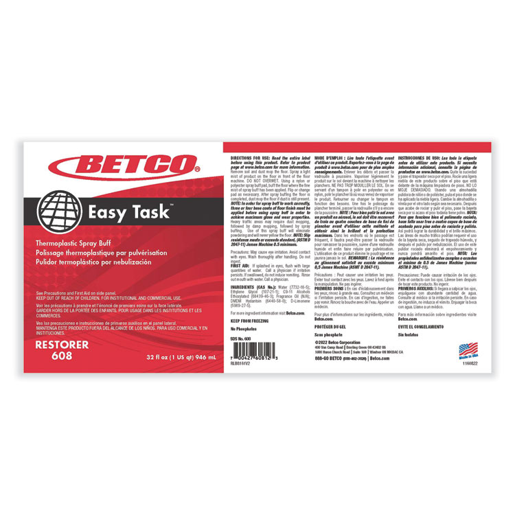 BETCO CORPORATION Easy Task Floor Finish, Clean Bouquet, 32 oz Bottle, 12/Carton (BET6081200)