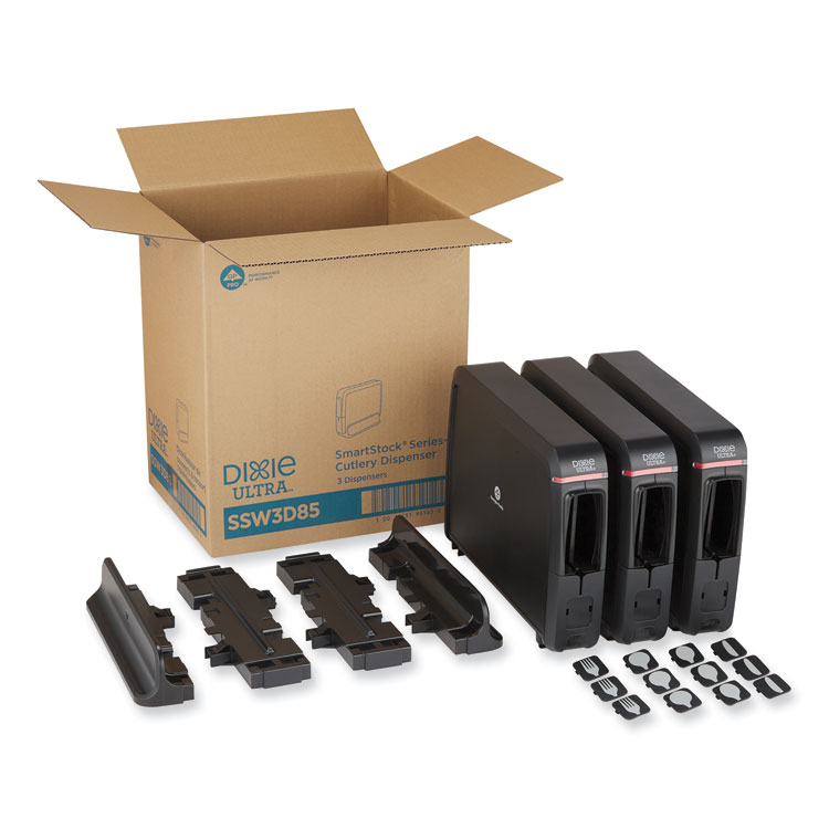 DIXIE FOOD SERVICE SmartStock Wrapped Cutlery Dispenser, Holds Forks/Knives/Spoons, 12.44 x 11.17 x 10.5, Black (DXESSW3D85)